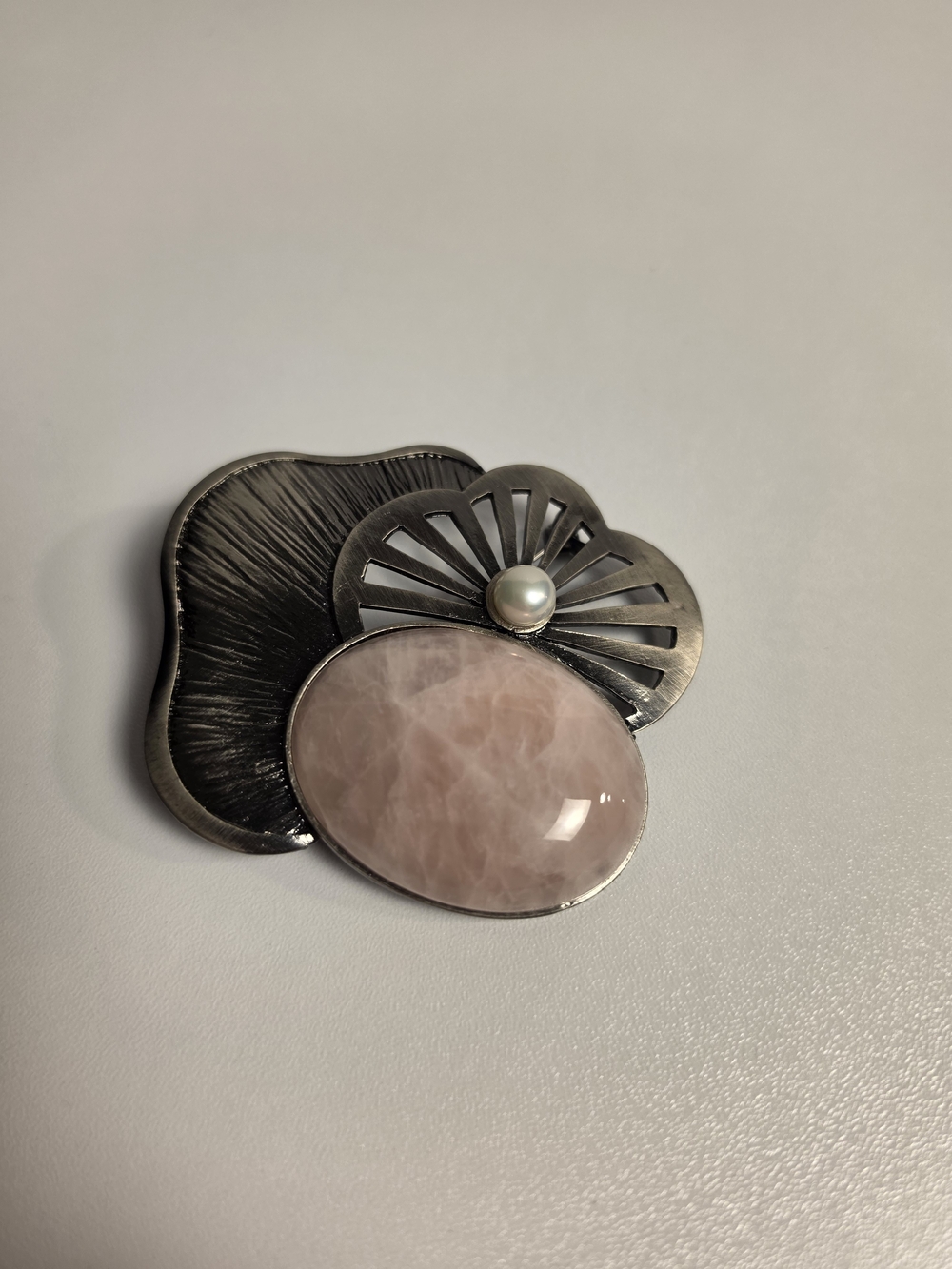 Gunmetal Finish Large Brooch with Rose Quartz Cabochon and Pearl Accent